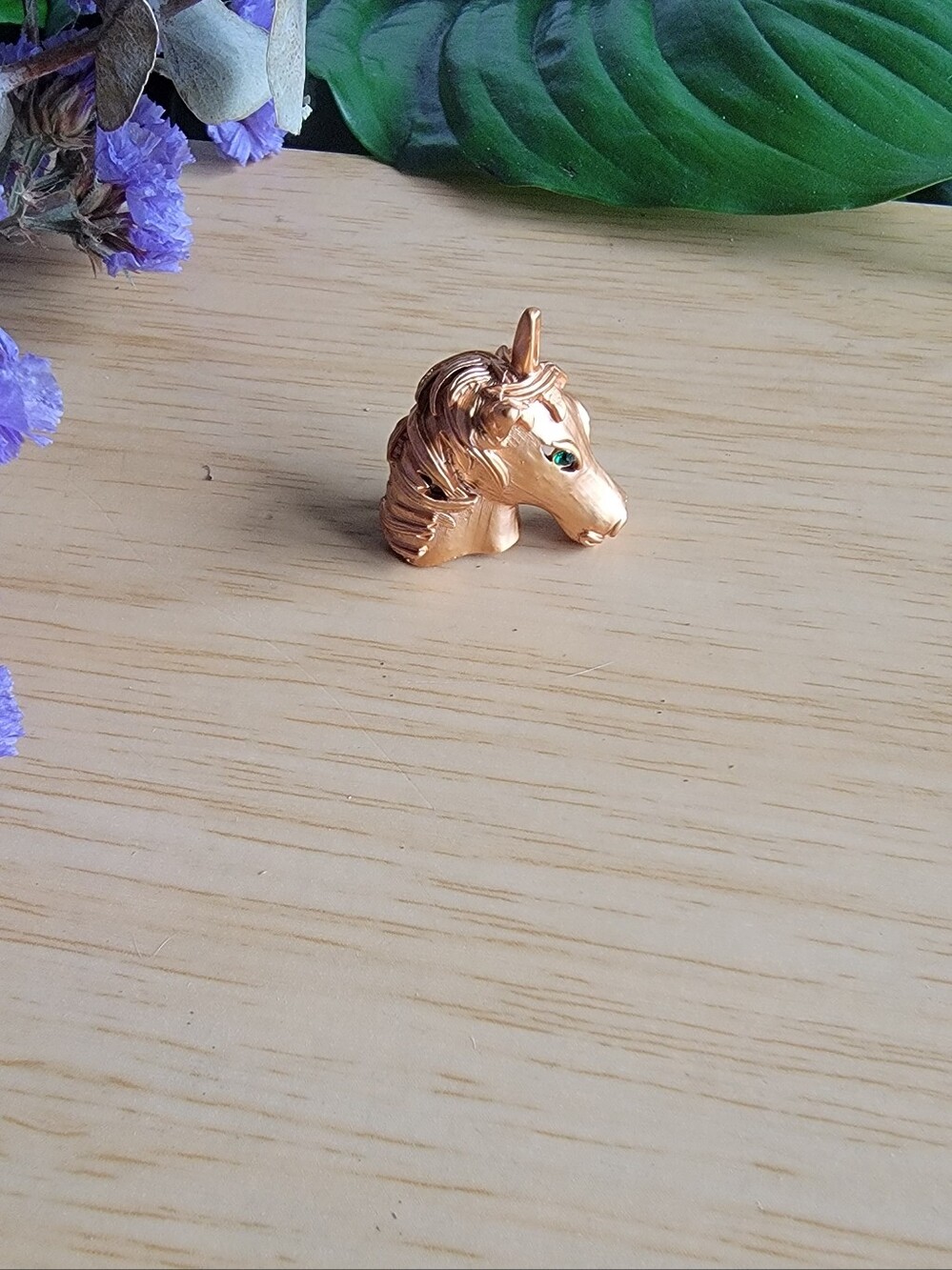 VINTAGE Gold-tone Unicorn Head Brooch with Green Eye